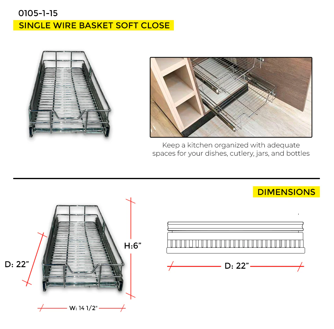 15'' SINGLE WIRE BASKET SOFT CLOSE (H: 6" - W: 14 1/2" - D: 22") - Image 7
