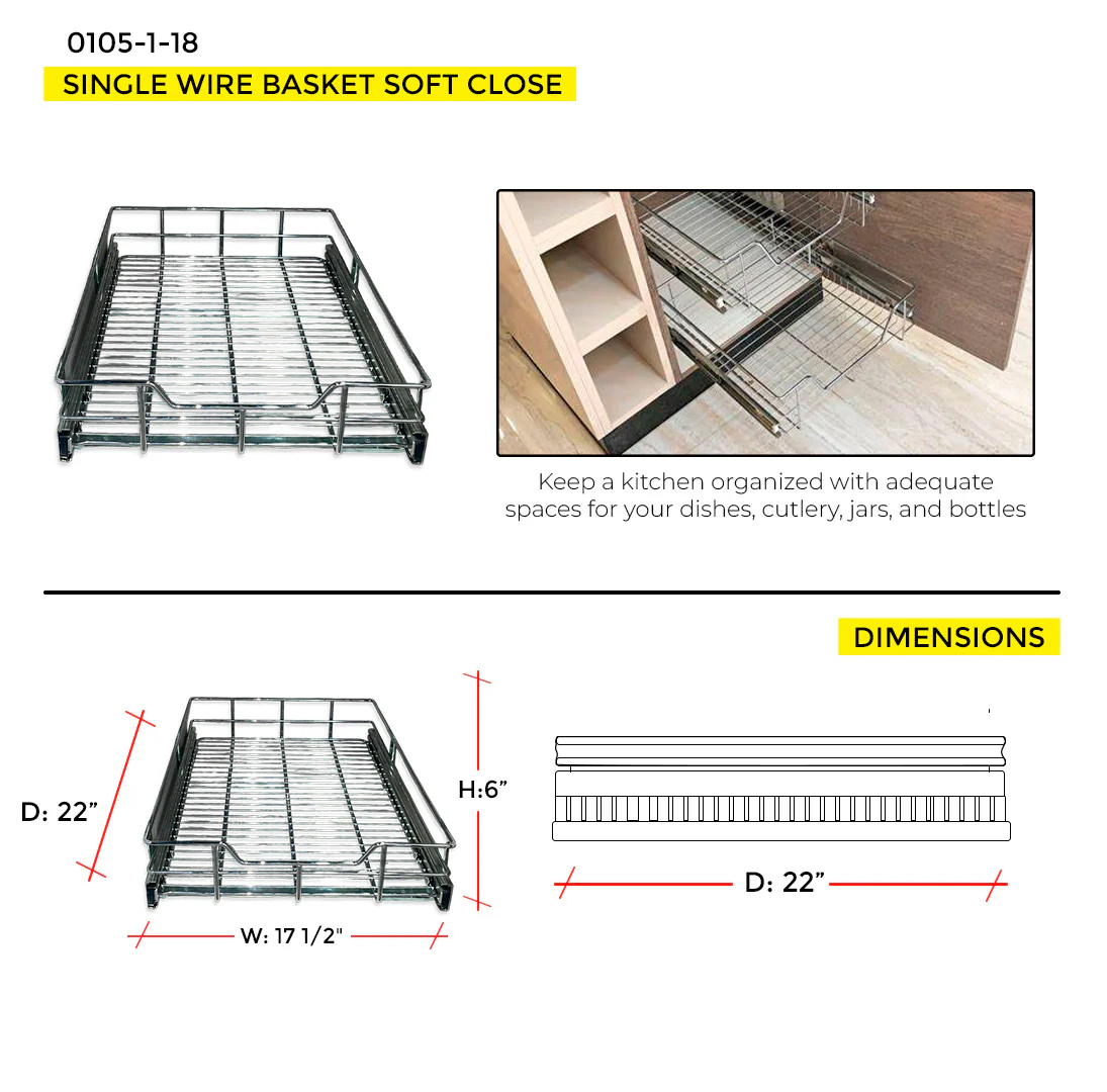 18'' SINGLE WIRE BASKET SOFT CLOSE (H: 6" - W: 17 1/2" - D: 22") - Image 7