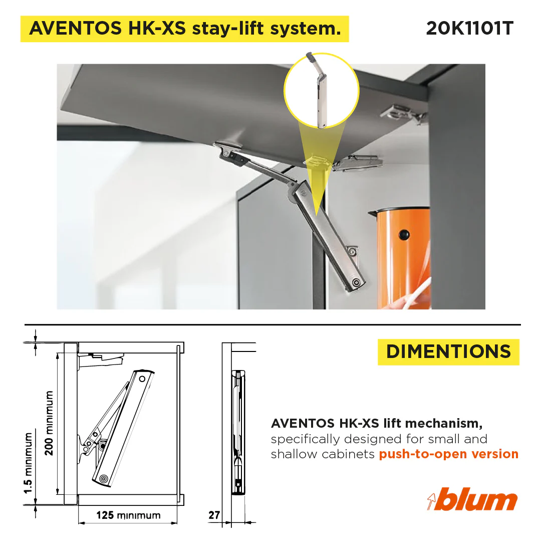 Aventos HK-XS Small Stay Lift, Lift Mechanism, PF=180-800 (One-Sided Lift Mechanism), For TIP-ON, Nickel-Plated - Image 3