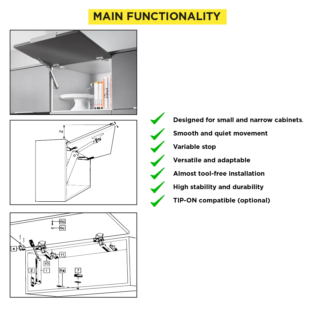 Aventos HK-XS Small Stay Lift, Lift Mechanism, PF=180-800 (One-Sided Lift Mechanism), For TIP-ON, Nickel-Plated - Image 4