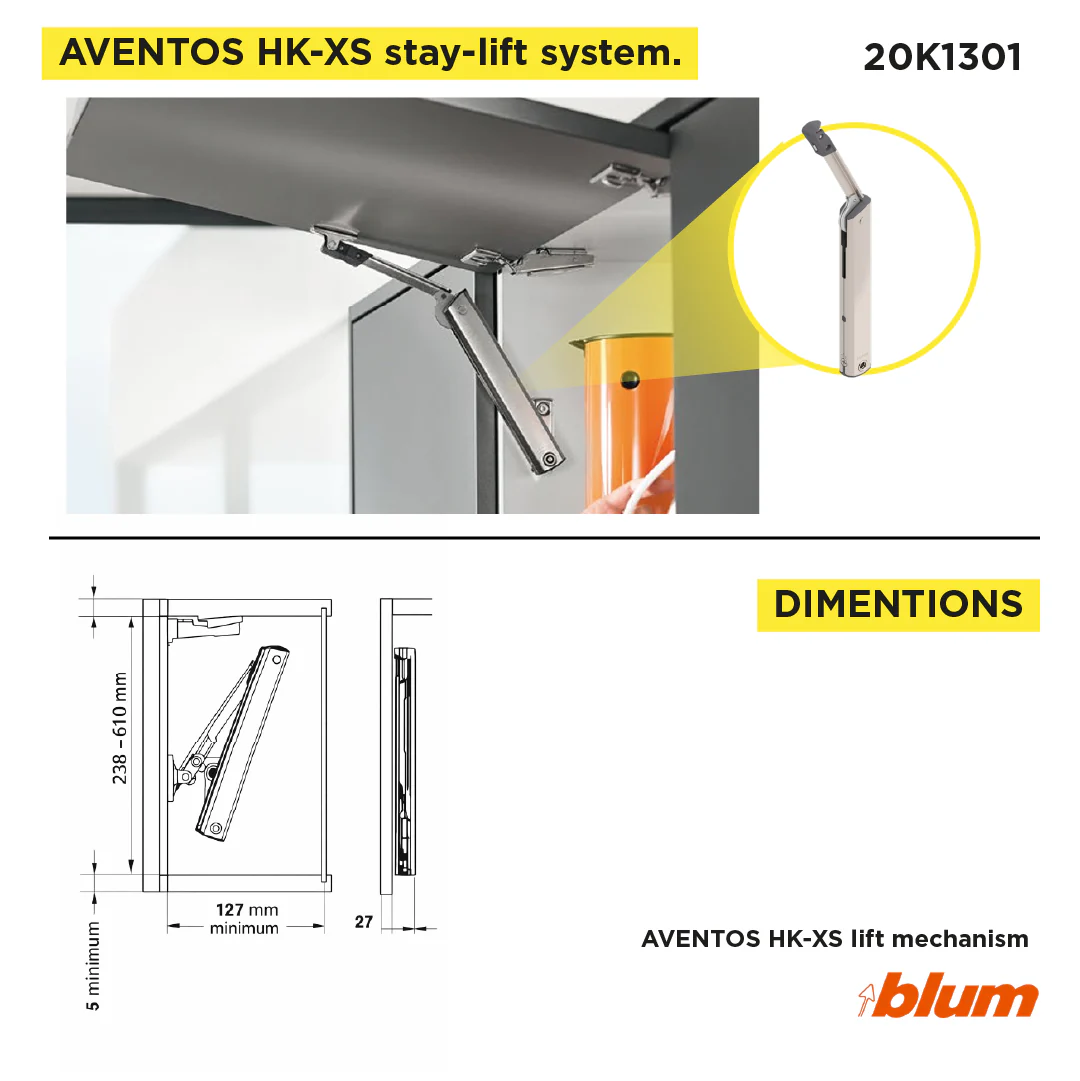Aventos HK-XS Small Stay Lift, Lift Mechanism, PF=500-1500 (One-Sided Lift Mechanism), Nickel-Plated - Image 3