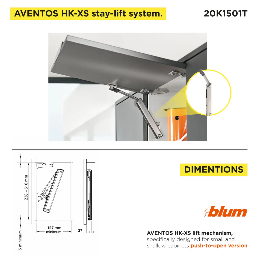 Aventos HK-XS Small Stay Lift, Lift Mechanism, PF=800-1600 (One-Sided Lift Mechanism), For TIP-ON, Nickel-Plated - Image 3