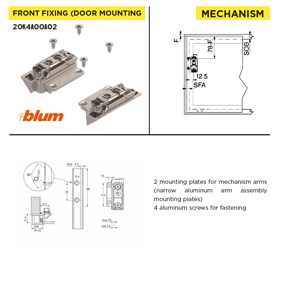 Aventos HK-S Stay Lift, Mounting Plate for Narrow Aluminum Frames (Set), Screw-On, Nickel-Plated - Image 3