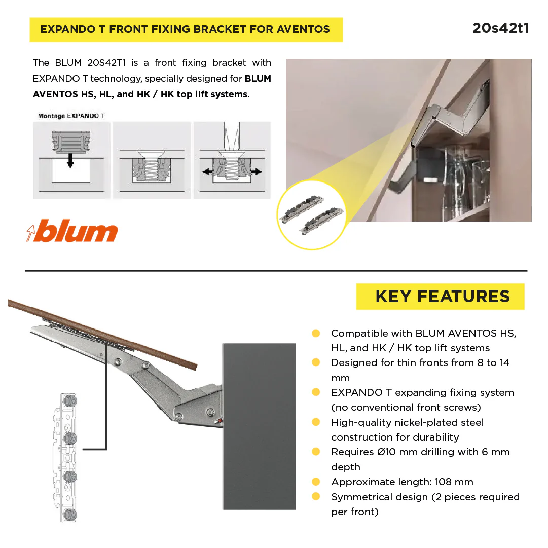 Aventos HS/HL/HK and HK Top Lift Systems, Mounting Plate With Bracket for Thin Fronts, EXPANDO T, Nickel-Plated - Image 3