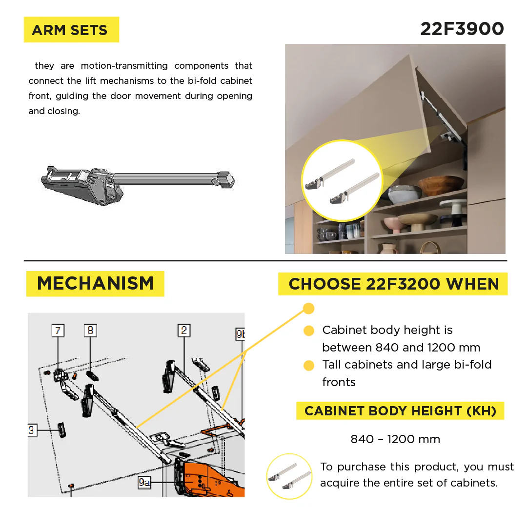 Aventos HF Top Bi-Fold Lift System, Lever (Set), CH=840-1200 mm (33-1/16" - 47-1/4"), Non-Handed, Nickel-Plated - Image 3