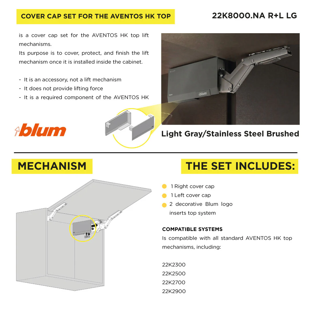 Aventos HK Top Stay Lift, Cover Cap Large, Plain, Right+Left, Light Gray/Stainless Steel Brushed - Image 3