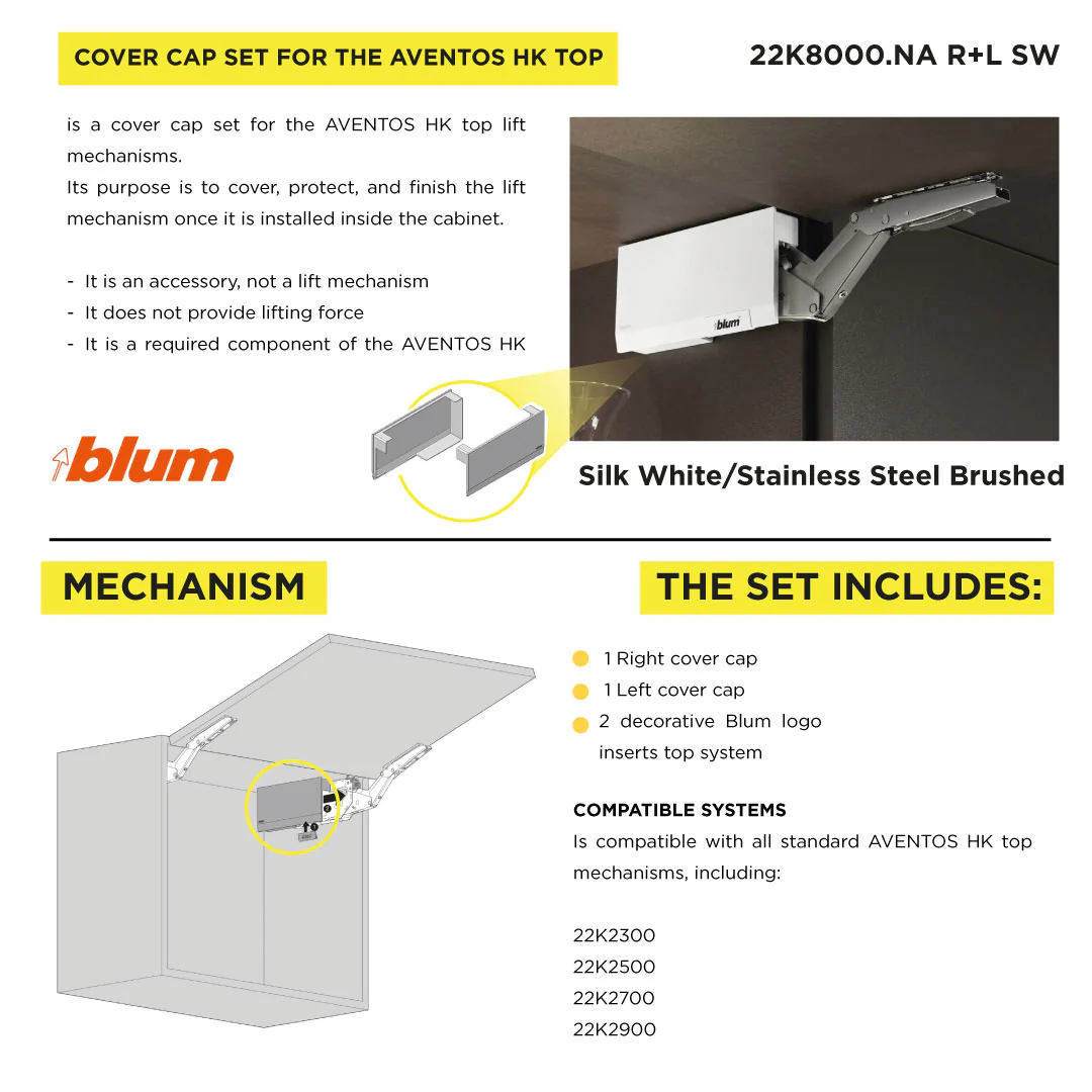 Aventos HK Top Stay Lift, Cover Cap Large, Plain, Right+Left, Silk White/Stainless Steel Brushed - Image 3