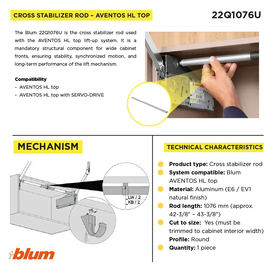 Aventos HL Top Lift Up, Stabilizer Rod, Round, Length: 1076 mm (42-3/8") + E6/Ev1 NAtural - Image 3