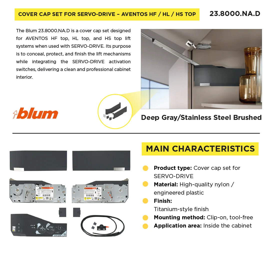 Cover Cap Set Aventos HF/Hs/HL Top, Plain, Right+Left, Suitable For SERVO-DRIVE, Deep Gray/Stainless Steel Brushed - Image 3