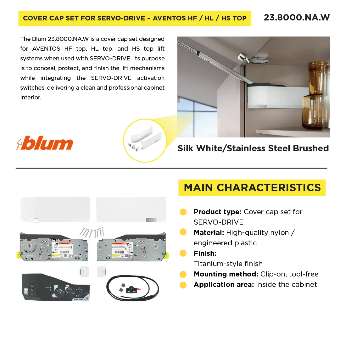 Cover Cap Set Aventos HF/Hs/HL Top, Plain, Right+Left, Suitable For SERVO-DRIVE, Silk White/Stainless Steel Brushed - Image 3