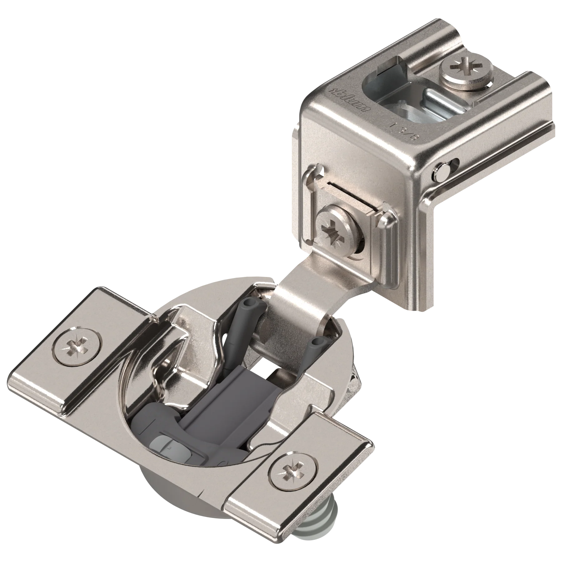Blum COMPACT BLUMOTION hinge 1-3/8", 110°, with spring, mounting plate: screws, hinge cup: press-in