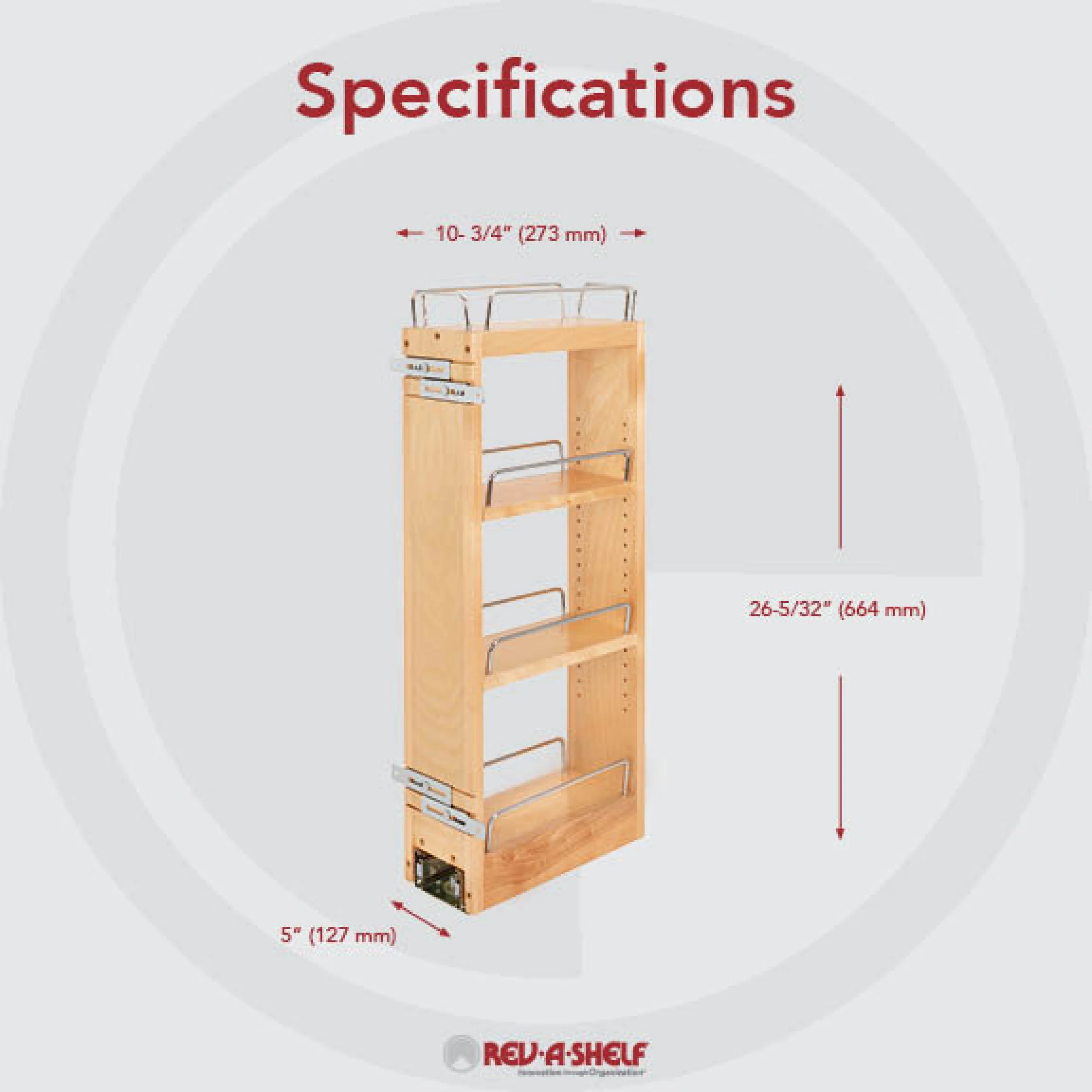 5 in Wood Pull Out Wall Organizer w/Soft Close Natural 5 in (127 mm) W x 10.75 in (273 mm) D x 26.15 in (664 mm) H - Image 2