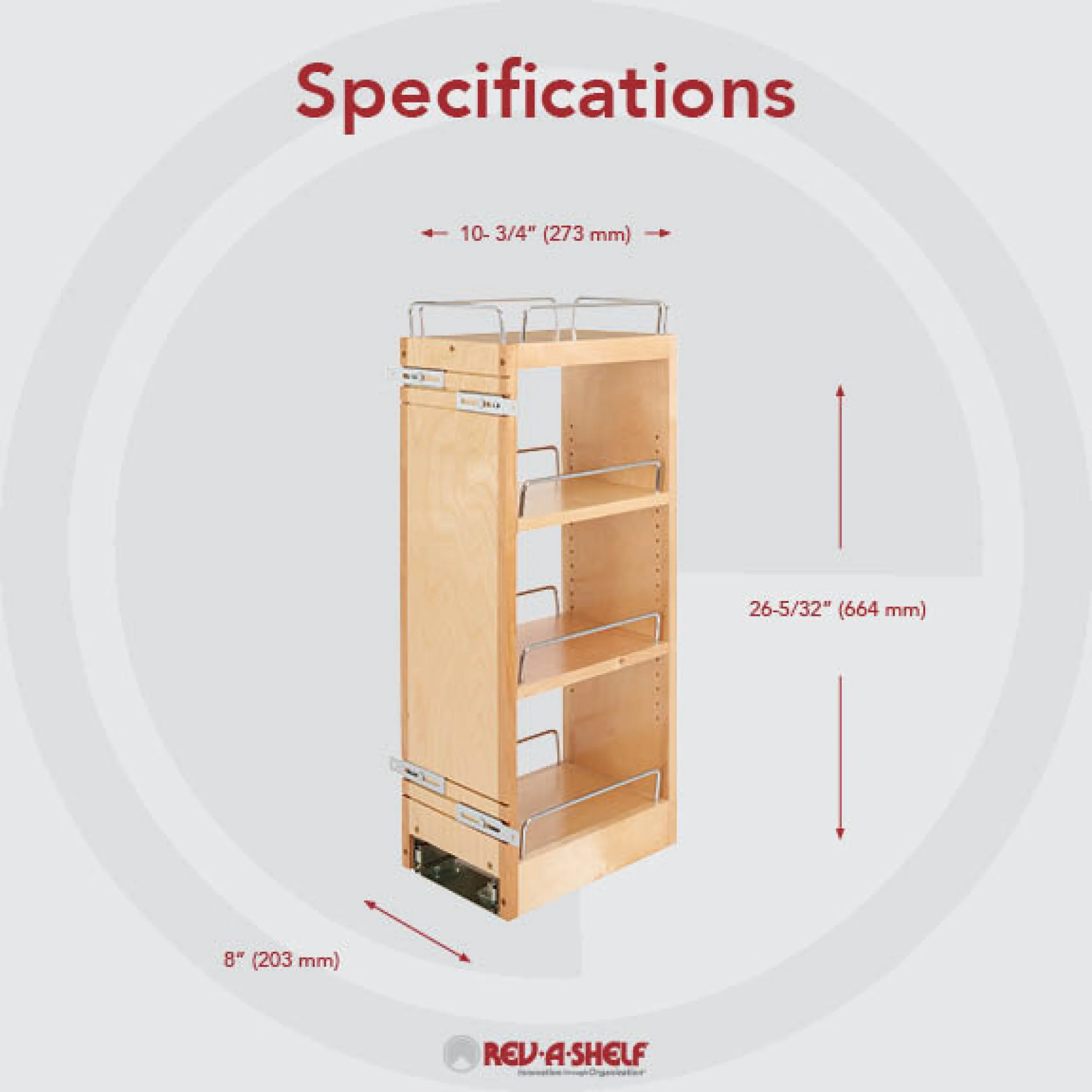 8 in Wood Pull Out Wall Organizer w/Soft Close Natural 8 in (203 mm) W x 10.75 in (273 mm) D x 26.15 in (664 mm) H - Image 3