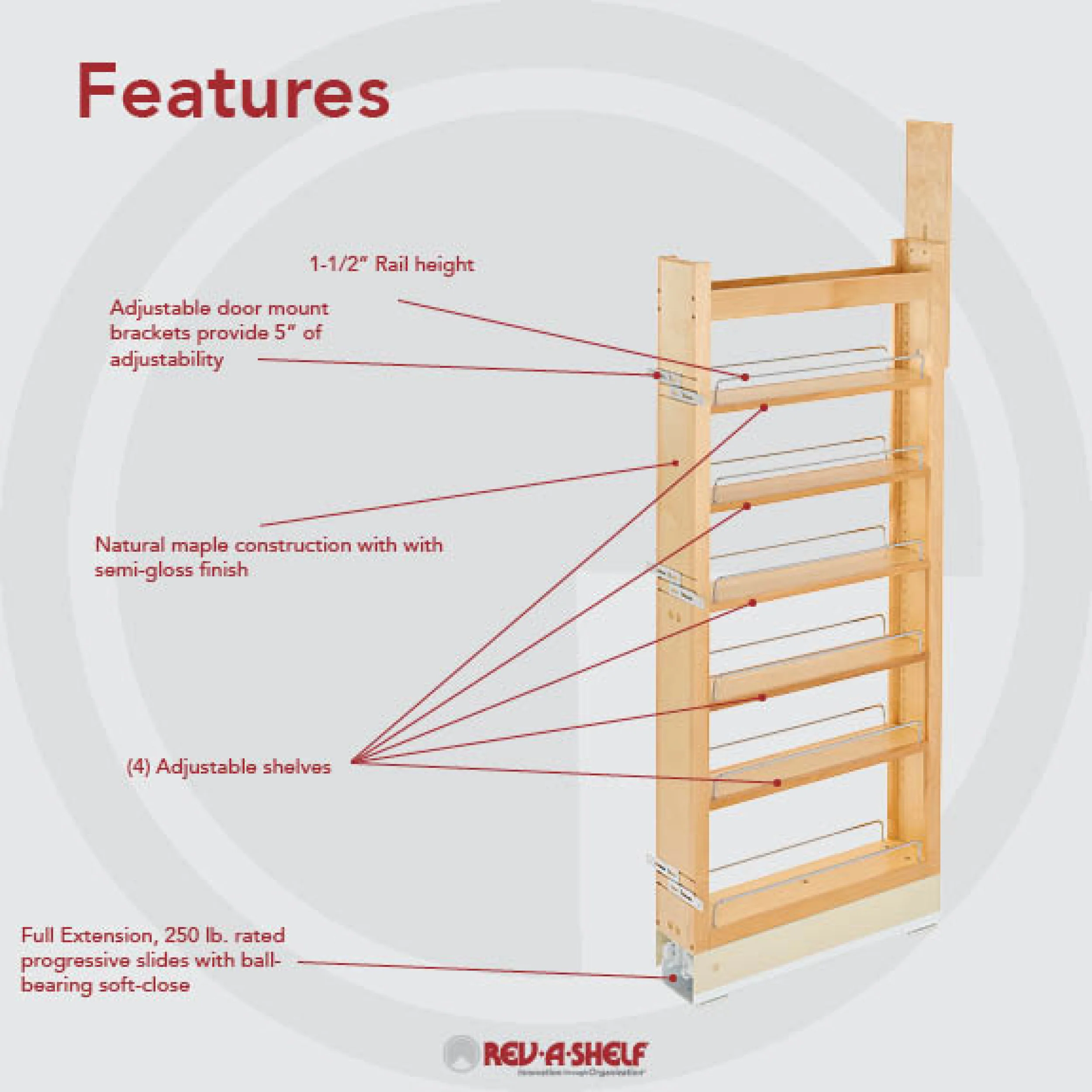 5 in W x 51 in H Wood Pantry Pullout Soft Close Natural 5 in (127 mm) W x 22 in (559 mm) D x 50.75 in (1289 mm) H - Image 4