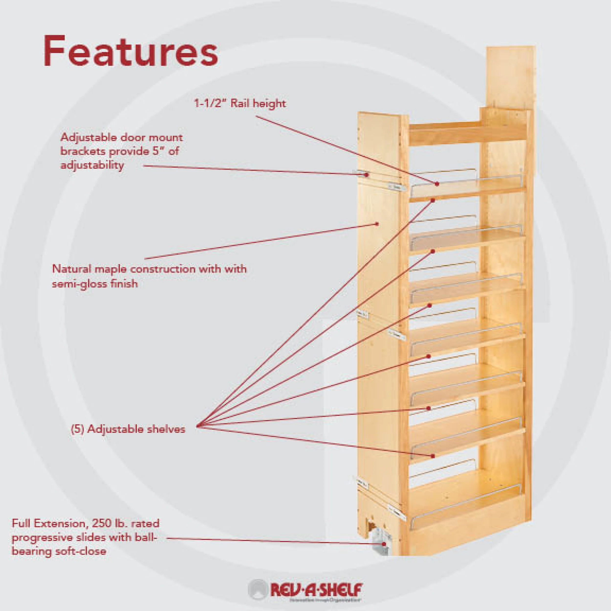 11 in W x 58 in H Wood Pantry Pullout Soft Close Natural 11 in (279 mm) W x 22 in (559 mm) D x 58.25 in (1480 mm) H - Image 7