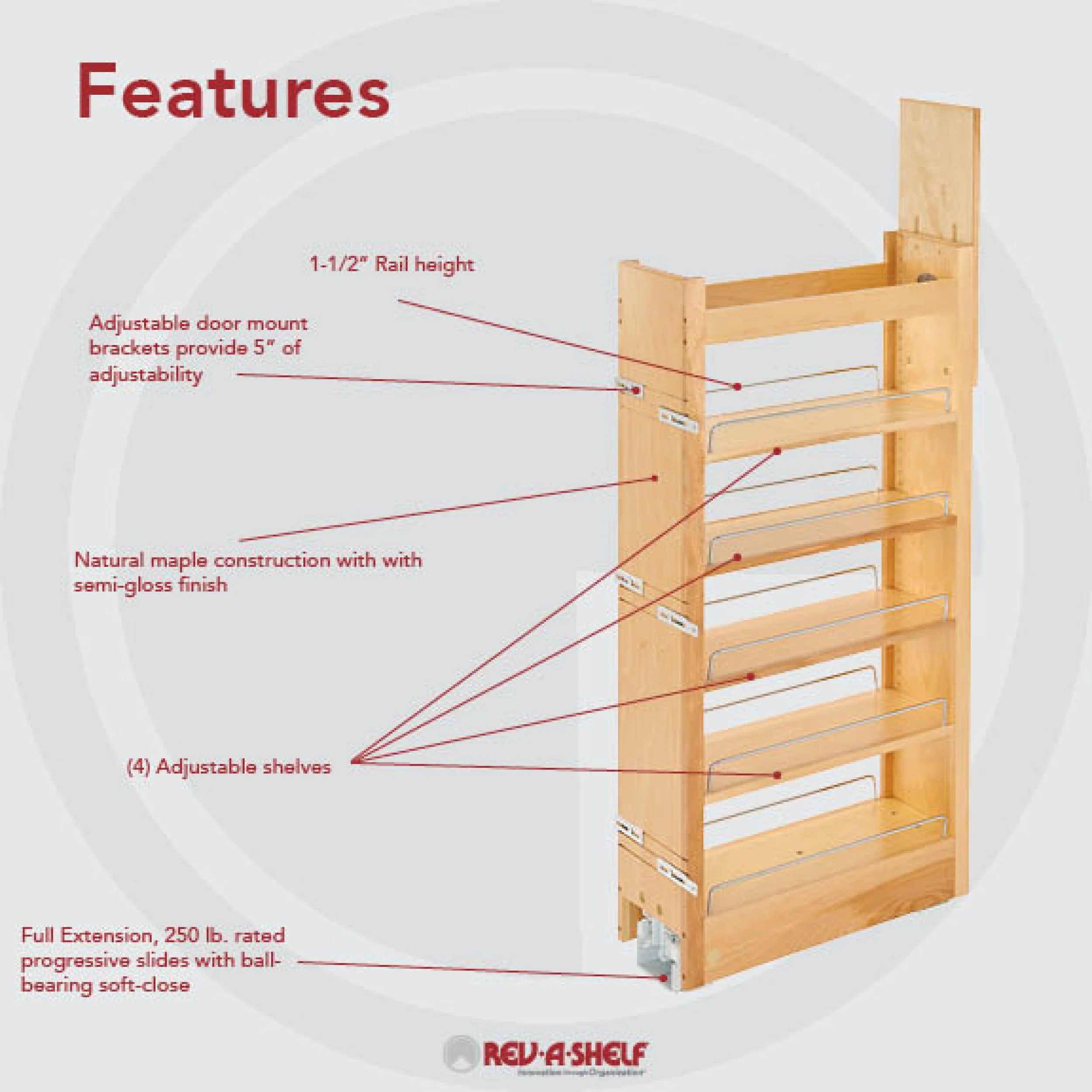8 in W x 43 in H Wood Pantry Pullout Soft Close Natural 8 in (203 mm) W x 22 in (559 mm) D x 43.25 in (1099 mm) H - Image 2