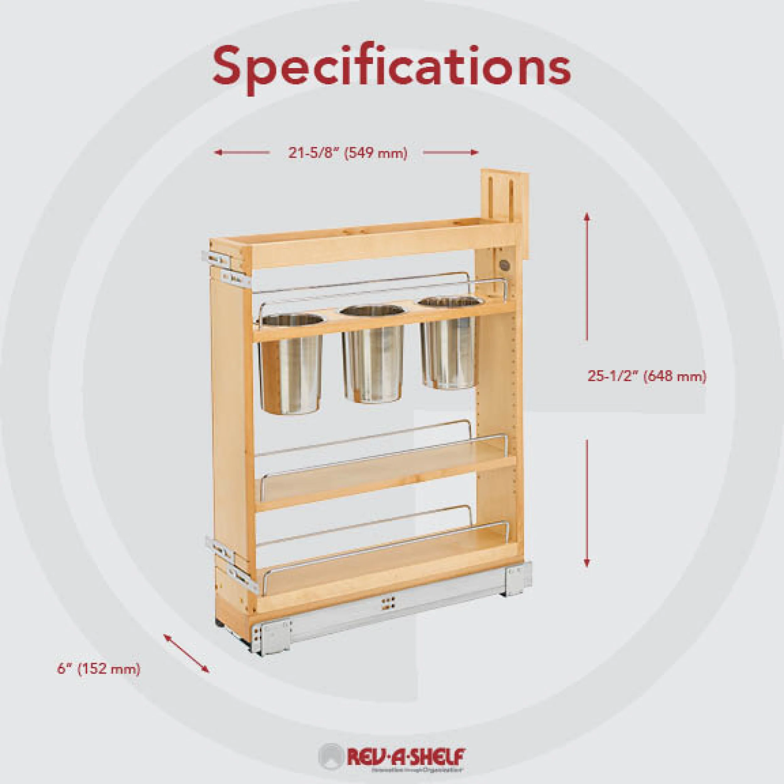 5 in Base Cabinet Organizer w/ 3 Utensil Bins Natural 6 in (152 mm) W x 21.63 in (549 mm) D x 25.5 in (648 mm) H - Image 4