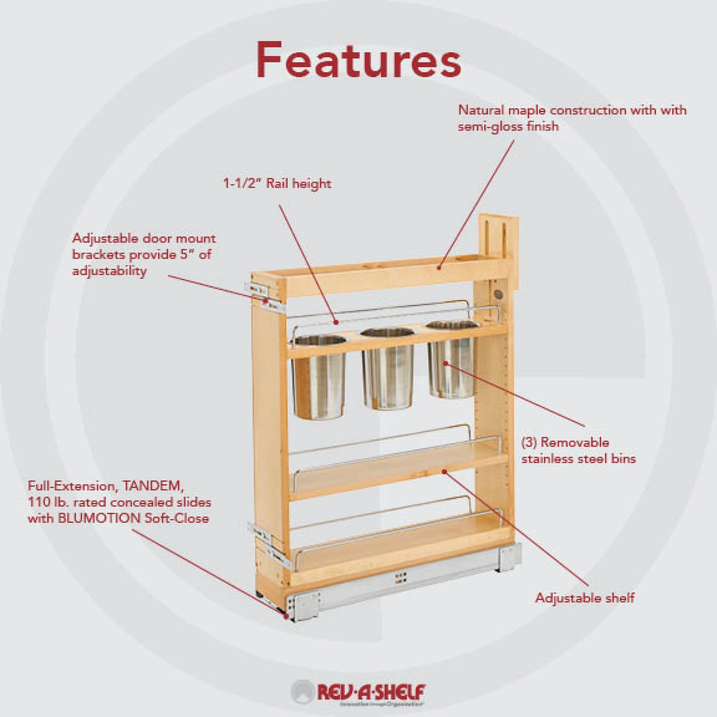 5 in Base Cabinet Organizer w/ 3 Utensil Bins Natural 6 in (152 mm) W x 21.63 in (549 mm) D x 25.5 in (648 mm) H - Image 8