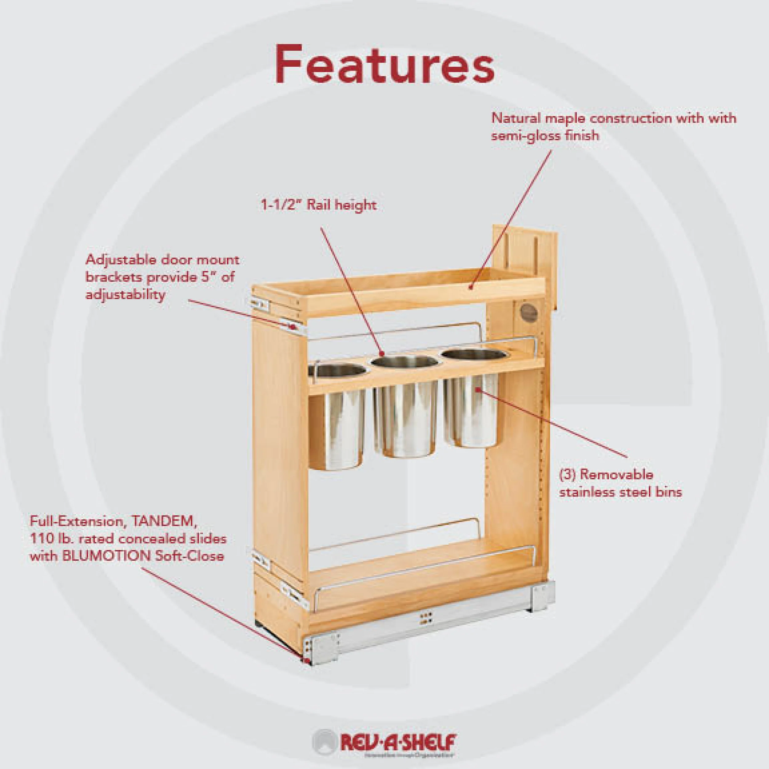 8 in Base Cabinet Organizer w/ 3 Utensil Bins Natural 8.75 in (222 mm) W x 21.63 in (549 mm) D x 25.5 in (648 mm) H - Image 2