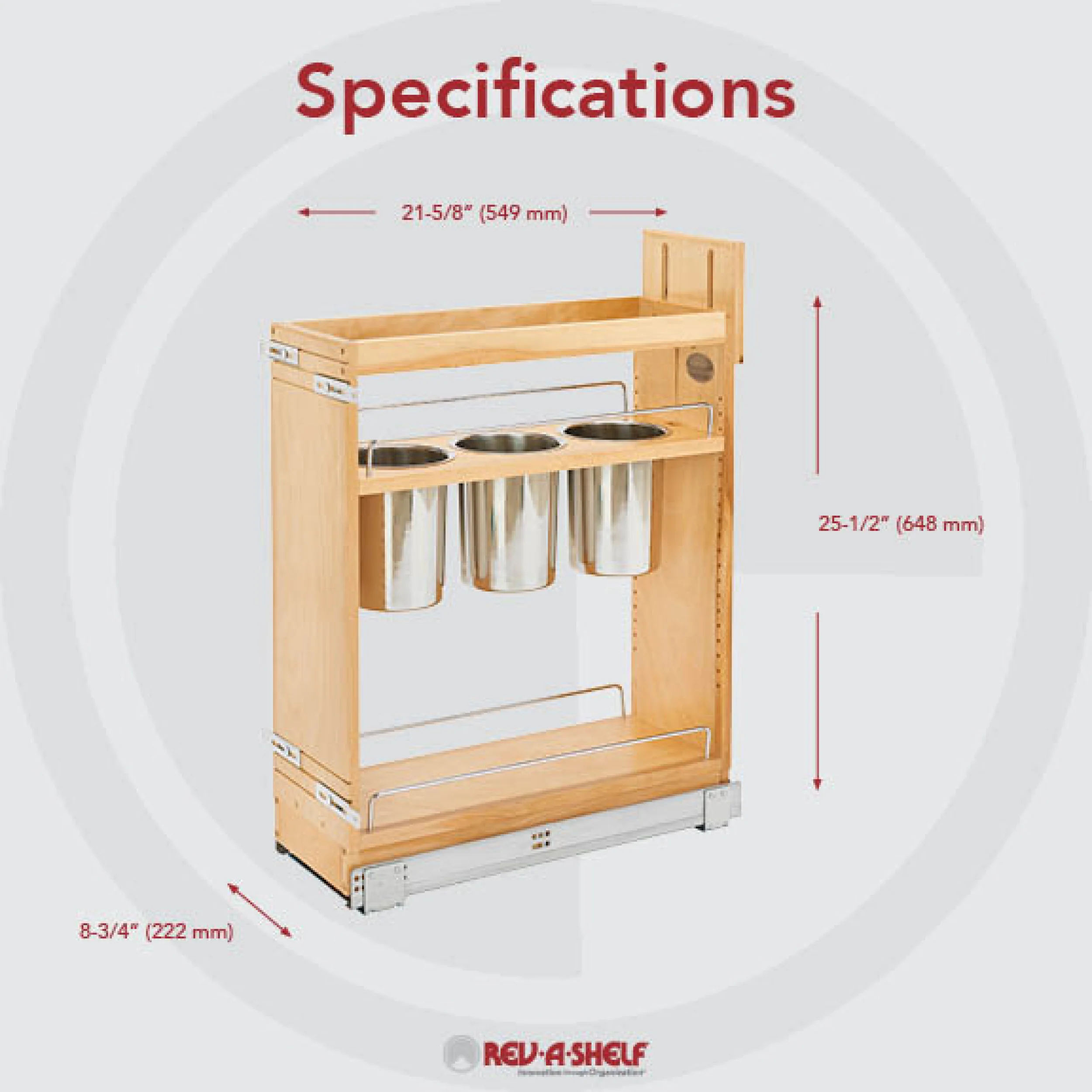 8 in Base Cabinet Organizer w/ 3 Utensil Bins Natural 8.75 in (222 mm) W x 21.63 in (549 mm) D x 25.5 in (648 mm) H - Image 3