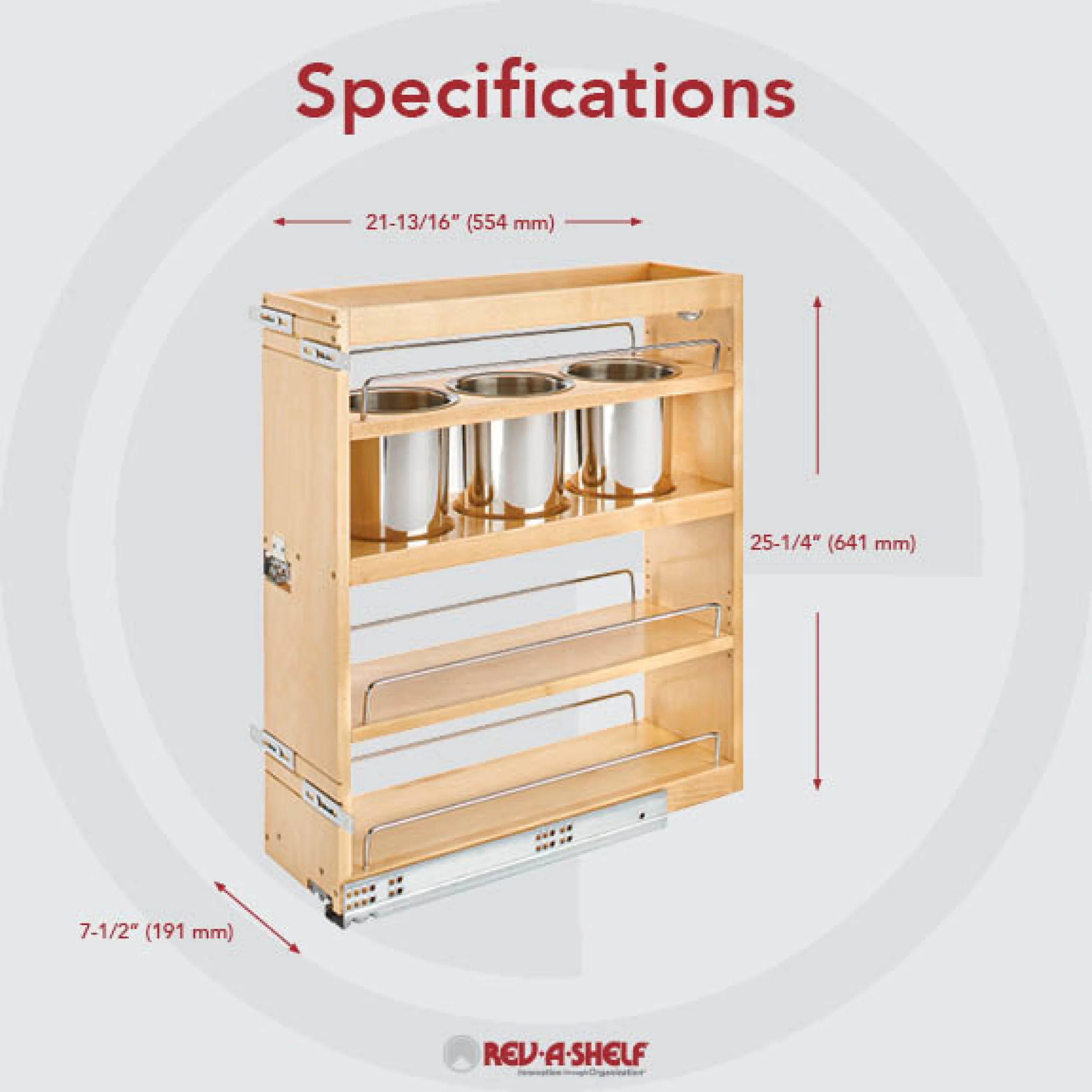7.5 in Base Cabinet Organizer w/ 3 Utensil Bins Natural 7.5 in (191 mm) W x 21.81 in (554 mm) D x 25.25 in (641 mm) H - Image 5