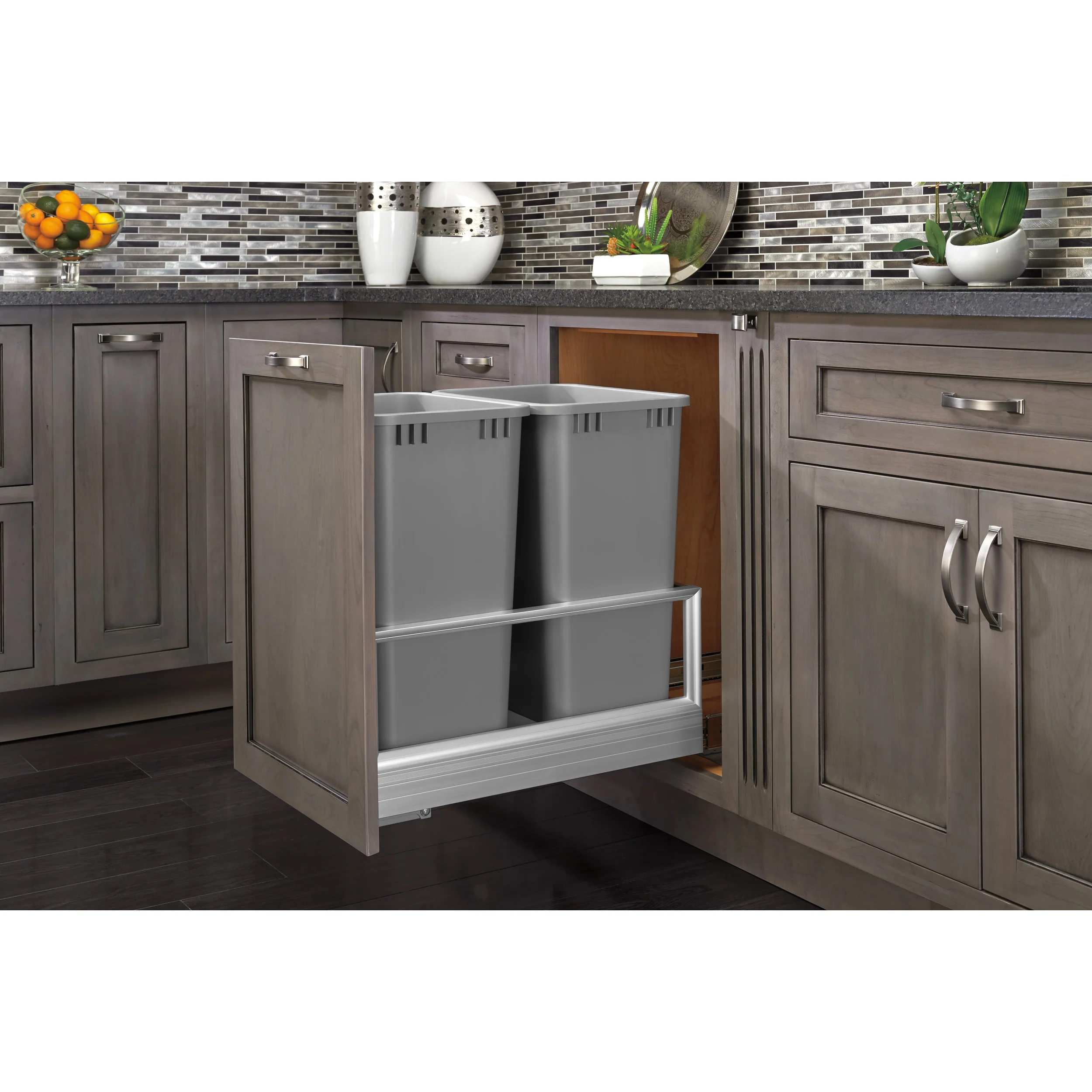 Double 50 Qrt Pull-Out Waste Container w/Rev-A-Motion Silver 15.6 in (396 mm) W x 22 in (559 mm) D x 23.5 in (597 mm) H - Image 6