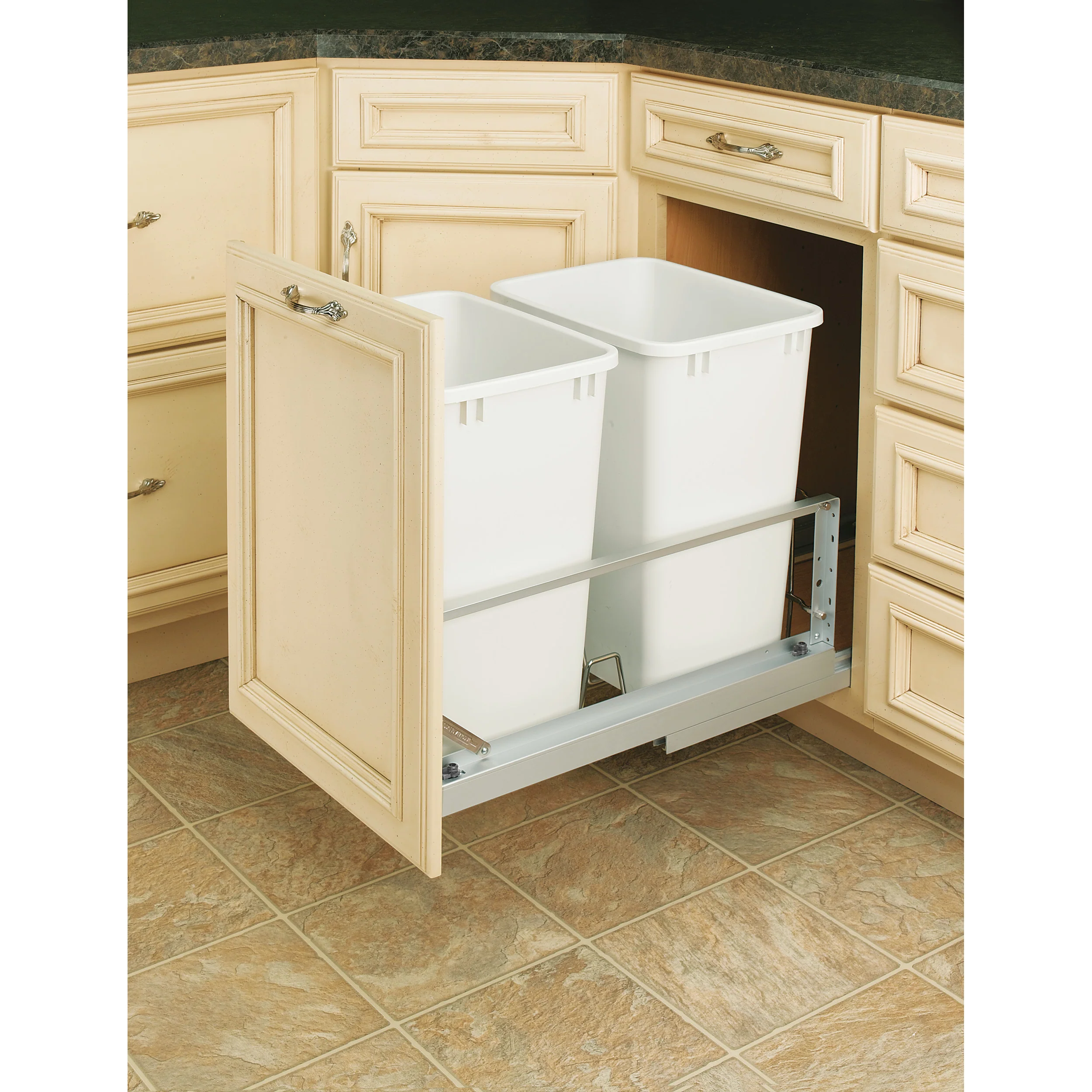 Pull-Out Waste Container with 2 - 35 Qua White 14.81 in (376 mm) W x 21.88 in (556 mm) D x 19.25 in (489 mm) H