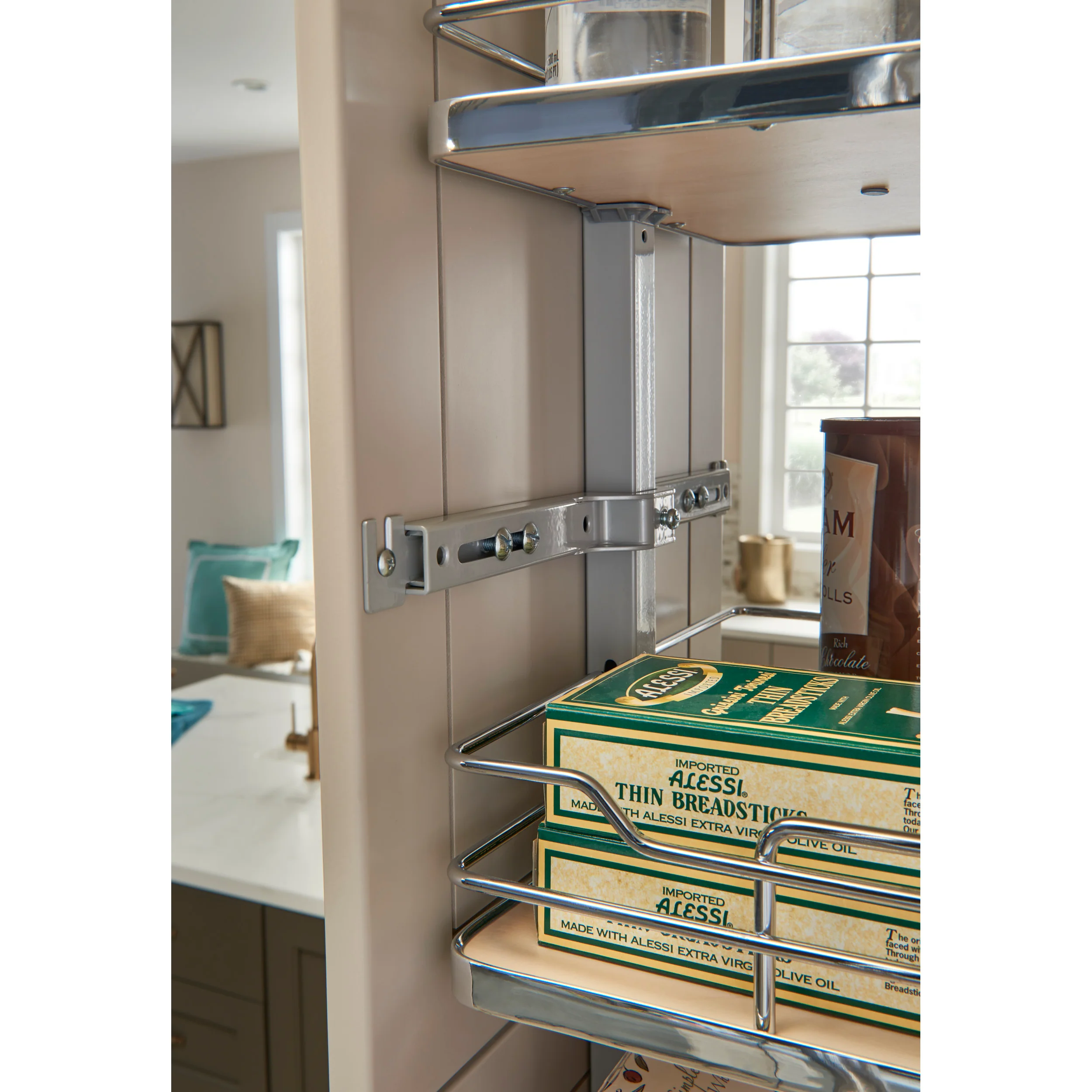 8 in Chrome Solid Bottom Pantry Pullout Soft Close Natural  8.25 in (210 mm) W x 21.69 in (551 mm) D x 50.75 in (1289 mm) H