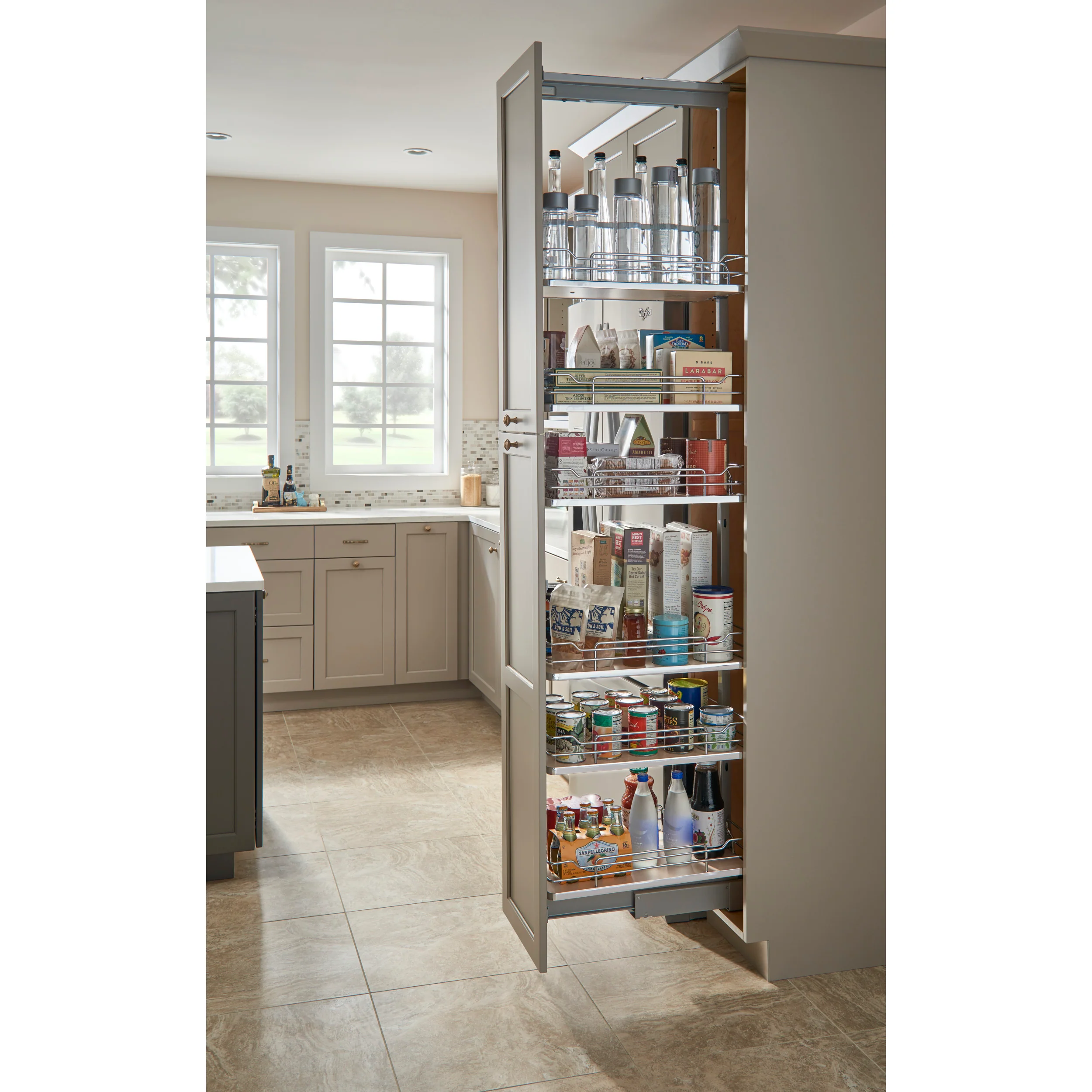 13 in Chrome Solid Bottom Pantry Pullout Soft Close Gray  13.25 in (337 mm) W x 21.68 in (551 mm) D x 58.25 in (1480 mm) H