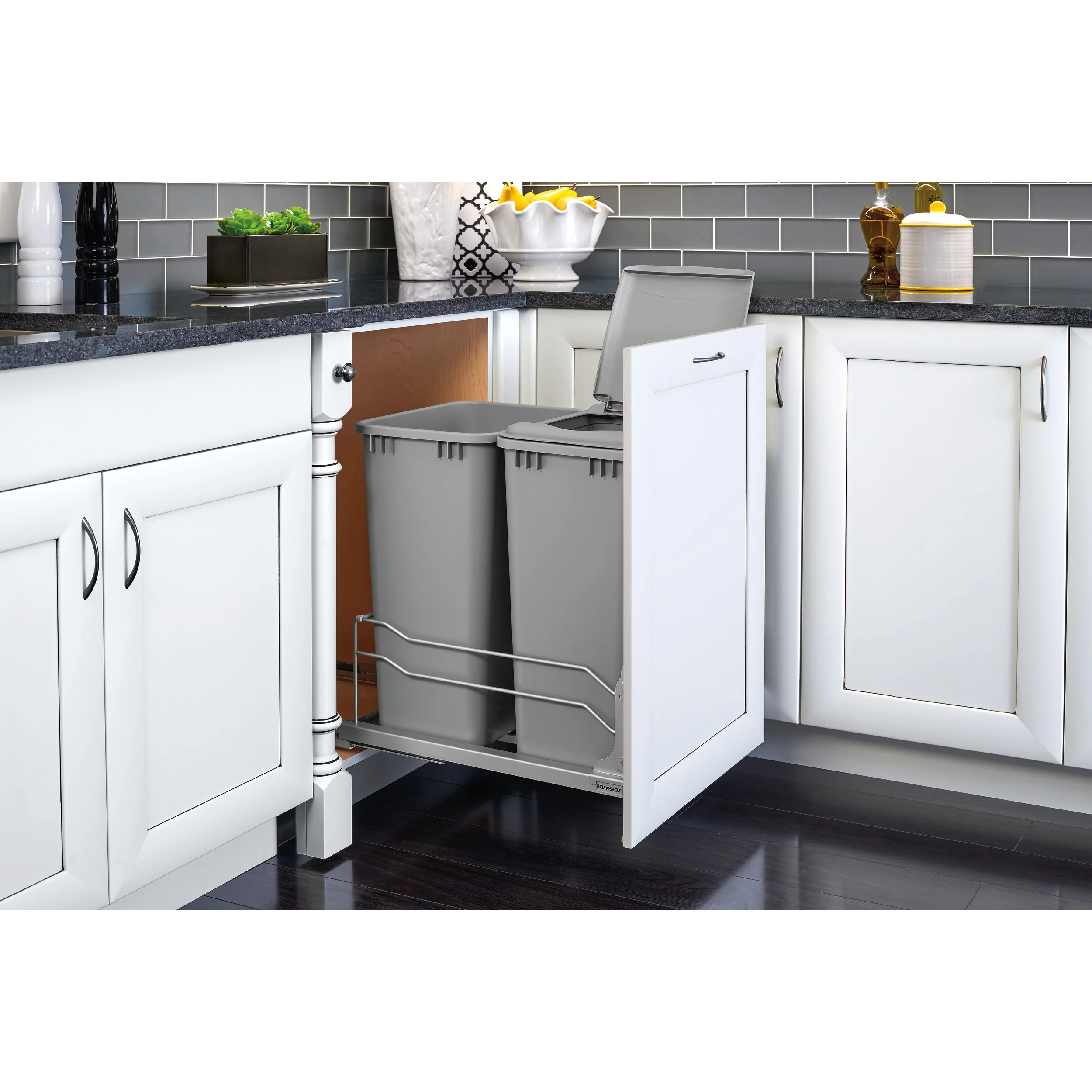 Double 50 Qrt Pull-out Waste Container Soft-Close Metallic Silver  14.75 in (375 mm) W x 22.25 in (565 mm) D x 22.88 in (581 mm) H - Image 11