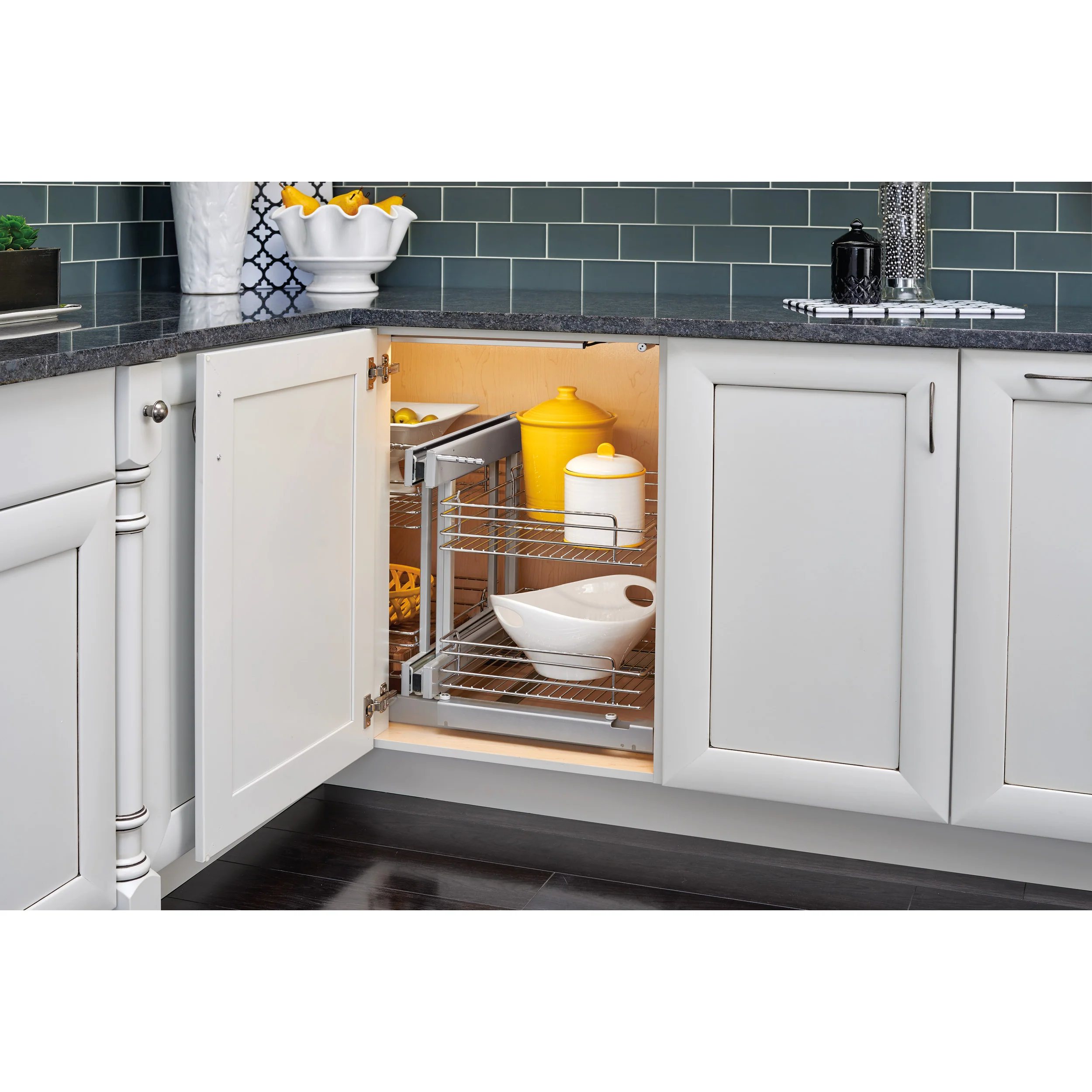 18 in Chrome Blind Corner Organizer Soft-Close Chrome 32.25 in (819 mm) W x 20.25 in (514 mm) D x 21 in (533 mm) H
