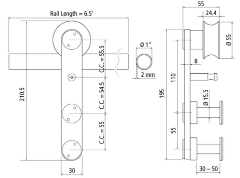 BARNDOORKIT RND RAIL SURF MT 6.5FT SS - Image 3