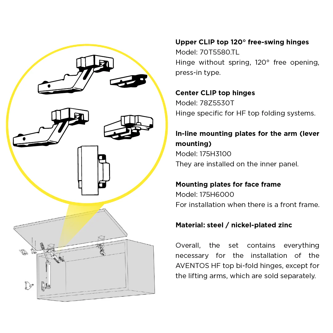 Clip Top Center Hinge Aventos HF 134° (Set), Free Swing, Hinge Cup: Press-In, Nickel-Plated - Image 2