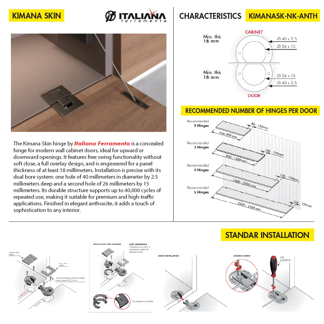 HINGE KIMANA SKIN ITALIANA FERRAMENTA FREE SWING FOR 18MM PANEL DOUBLE DRILL Ã˜40X2.5MM Ã˜26X15MM ANTHRACITE - Image 3