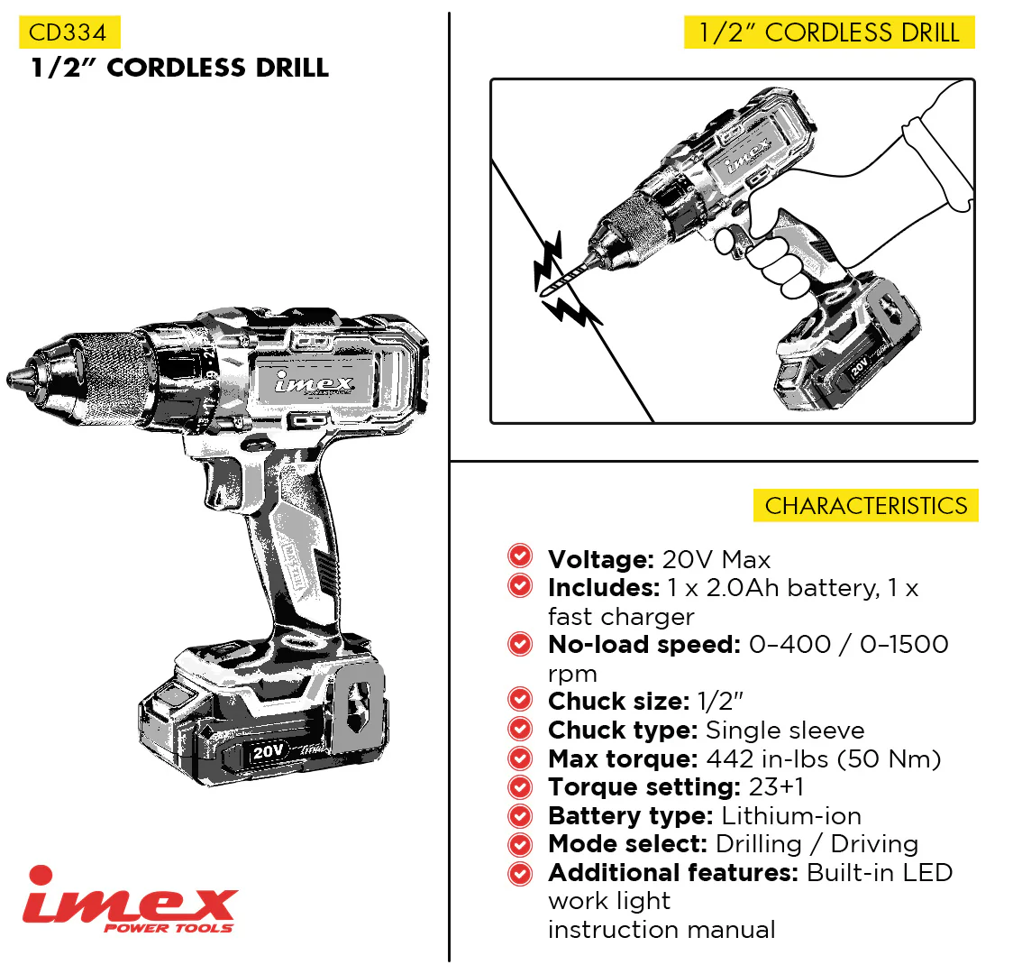 1/2" 20V Cordless Drill with Battery and Charger - IMEX Power Tools - Image 2