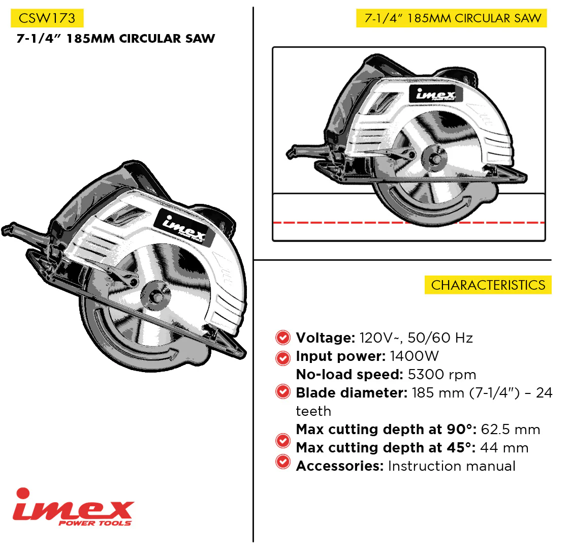 7-1/4" (185 mm) Circular Saw 1400W - IMEX Power Tools - Image 2