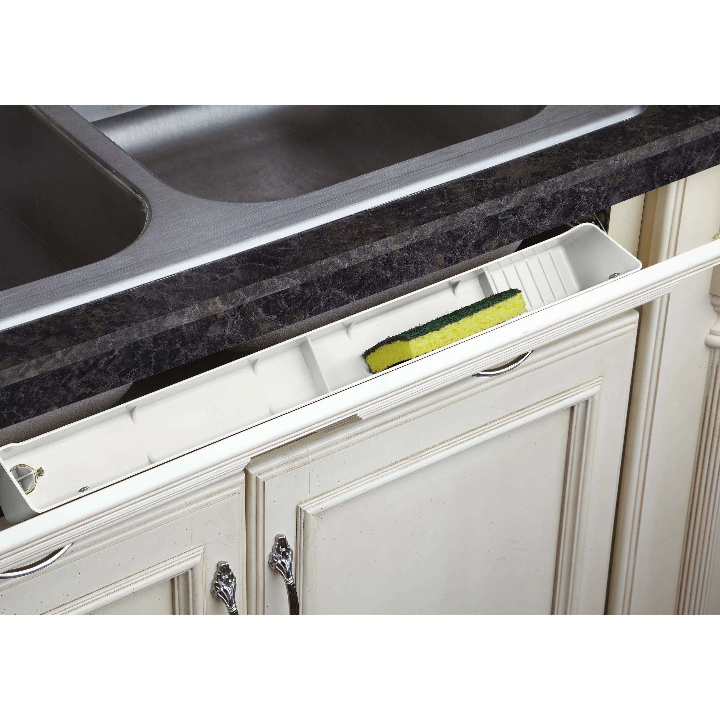 22 in White Polymer Lazy Daisy Tip-Out Tray White 22 in (559 mm) W x 2.13 in (54 mm) D x 3.81 in (97 mm) H