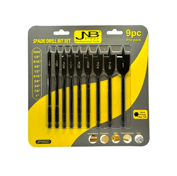Power Tool Drills & Bits:Spade Drill Bit Set 9Pc