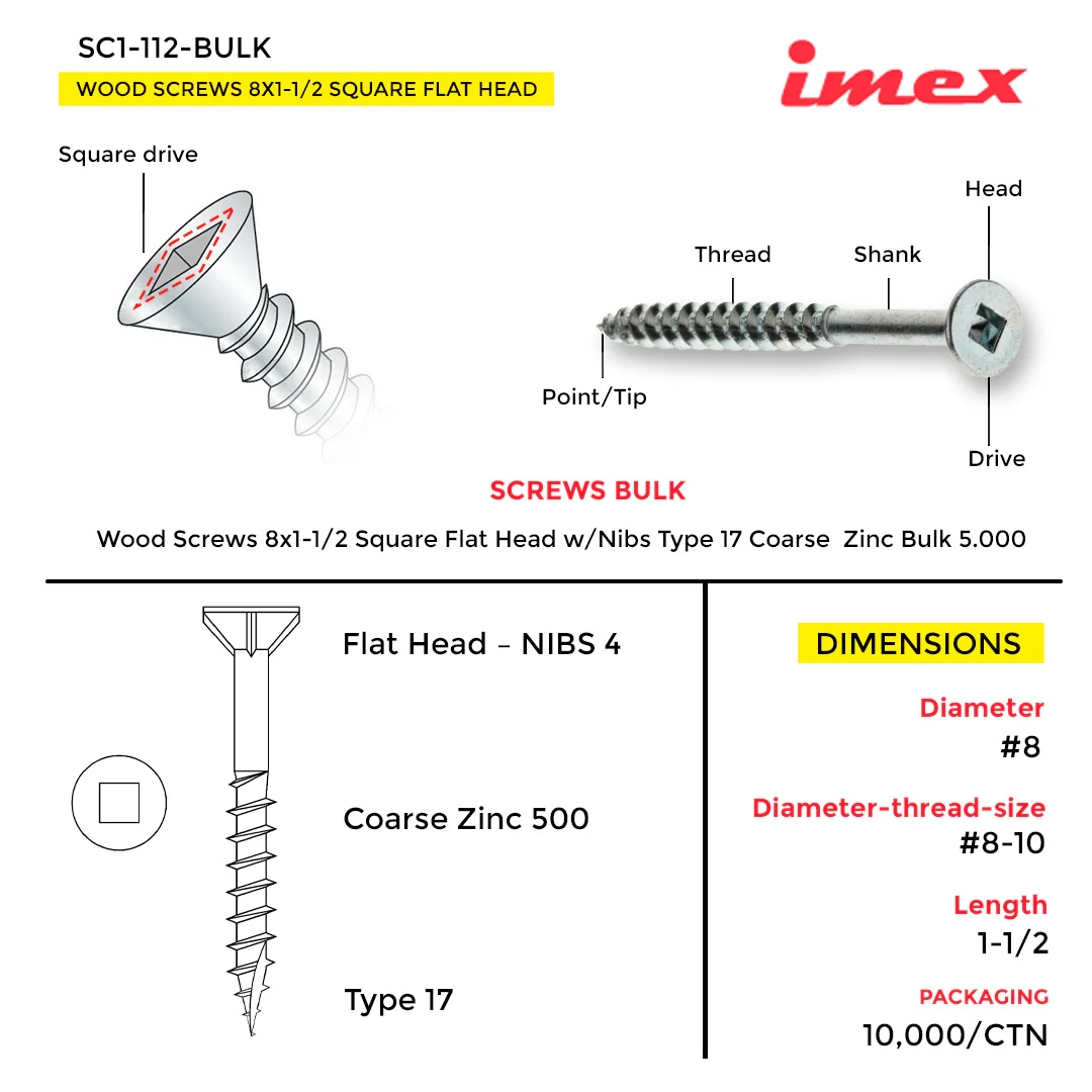 WOOD SCREWS IMEX SQUARE FLAT HEAD WITH NIBS #8 1-1/2" TYPE17 COARSE ZINC 5.000 BULK - Image 3