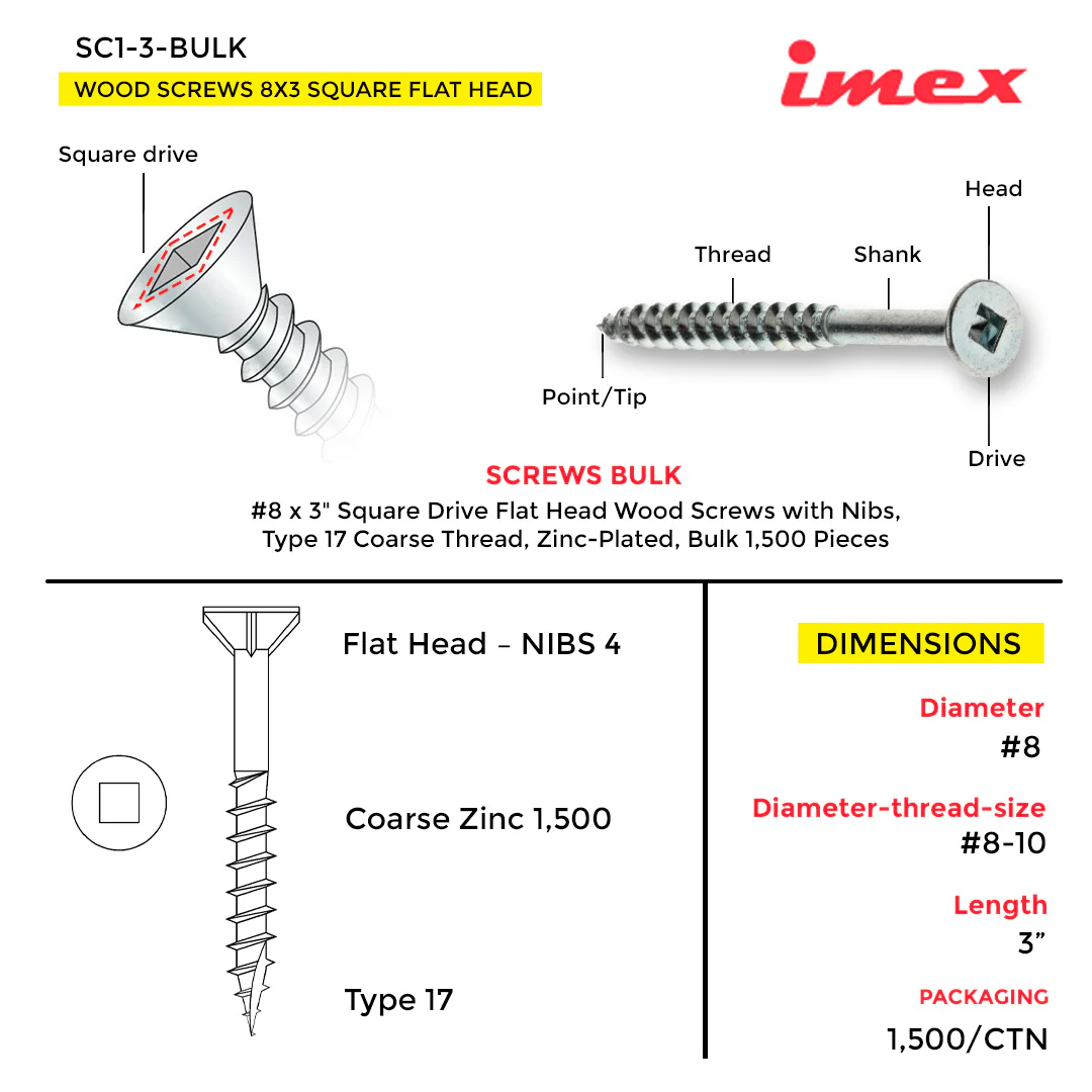 WOOD SCREWS IMEX SQUARE FLAT HEAD WITH NIBS #8 3" TYPE 17 COARSE ZINC 1.500 BULK - Image 2