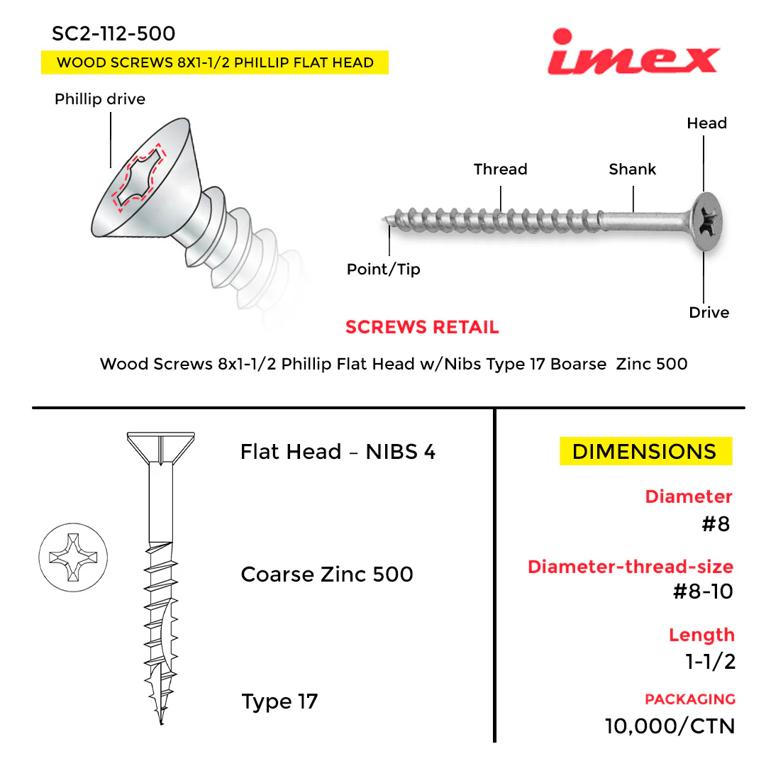 WOOD SCREWS IMEX PHILLIP FLAT HEAD WITH NIBS #8 1-1/2" TYPE 17 COARSE ZINC 500 BOX - Image 3
