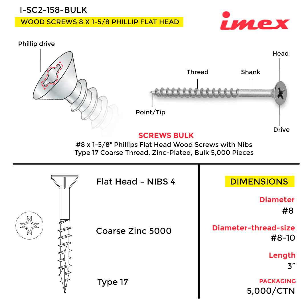 WOOD SCREWS IMEX PHILLIP FLAT HEAD WITH NIBS #8 1-5/8" TYPE 17 COARSE ZINC 5.000 BULK - Image 3