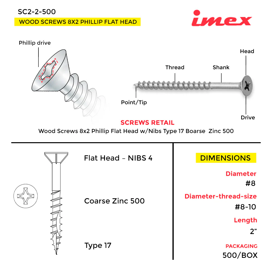 WOOD SCREWS IMEX PHILLIP FLAT HEAD WITH NIBS #8 2" TYPE 17 COARSE ZINC 500 BOX - Image 3