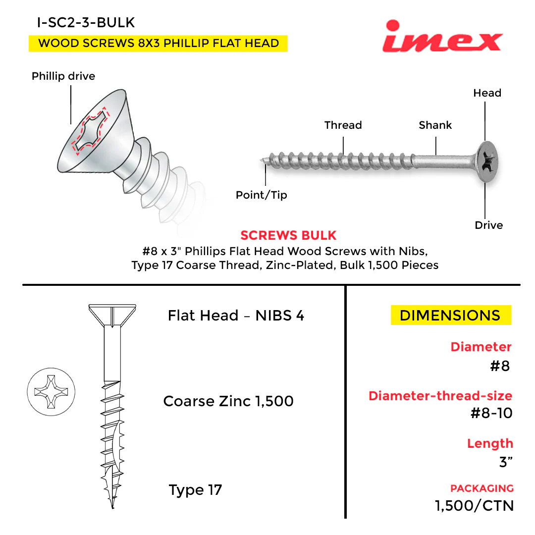 WOOD SCREWS IMEX PHILLIP FLAT HEAD WITH NIBS #8 3" TYPE 17 COARSE ZINC 1.500 BULK - Image 2