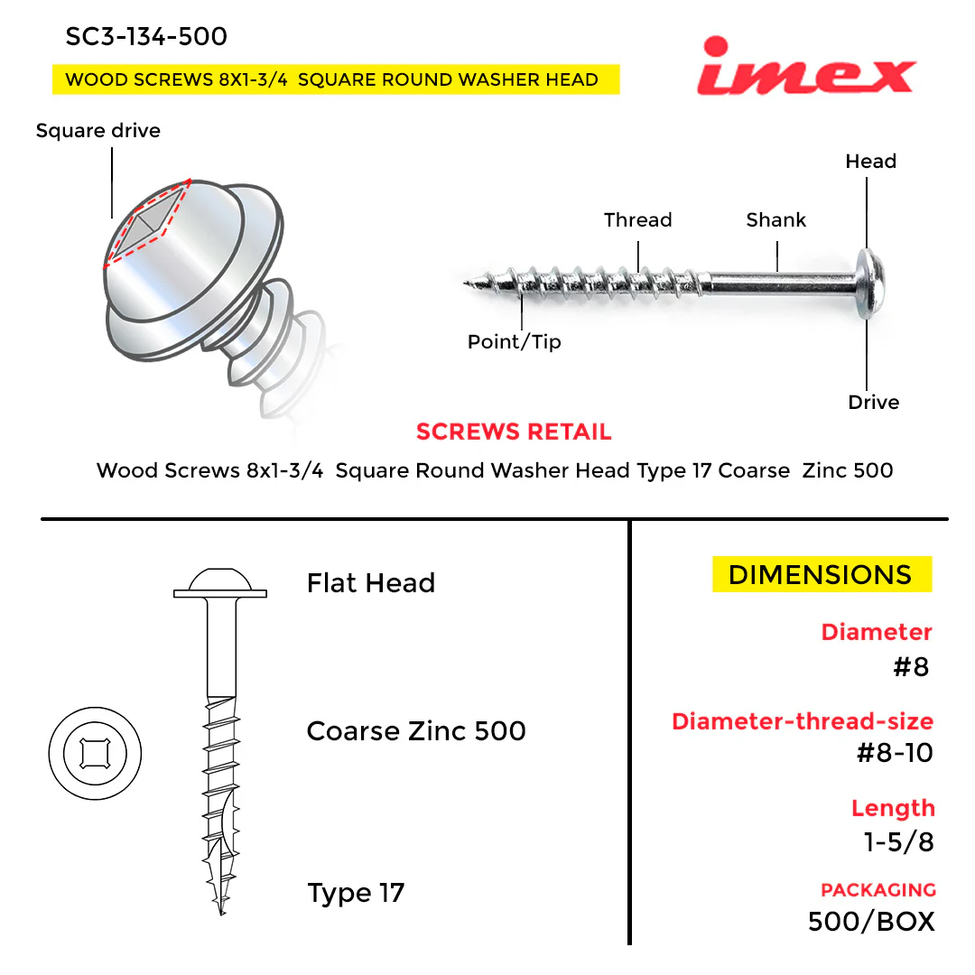 WOOD SCREWS IMEX SQUARE ROUND WASHER WITH NIBS #8 2" TYPE 17 COARSE ZINC 500 BOX - Image 2