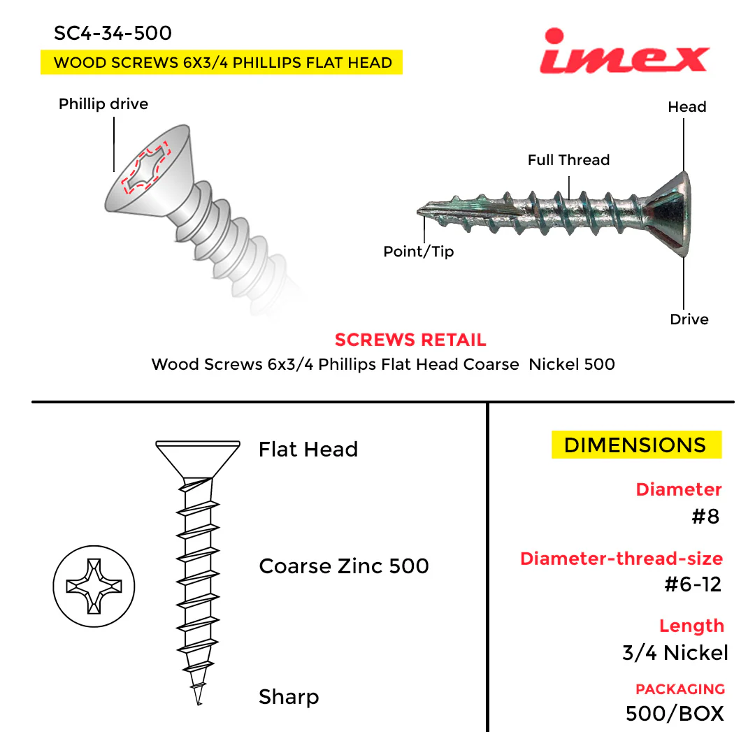 WOOD SCREWS IMEX PHILLIP FLAT HEAD #6 3/4" COARSE NICKEL 500 BOX - Image 3