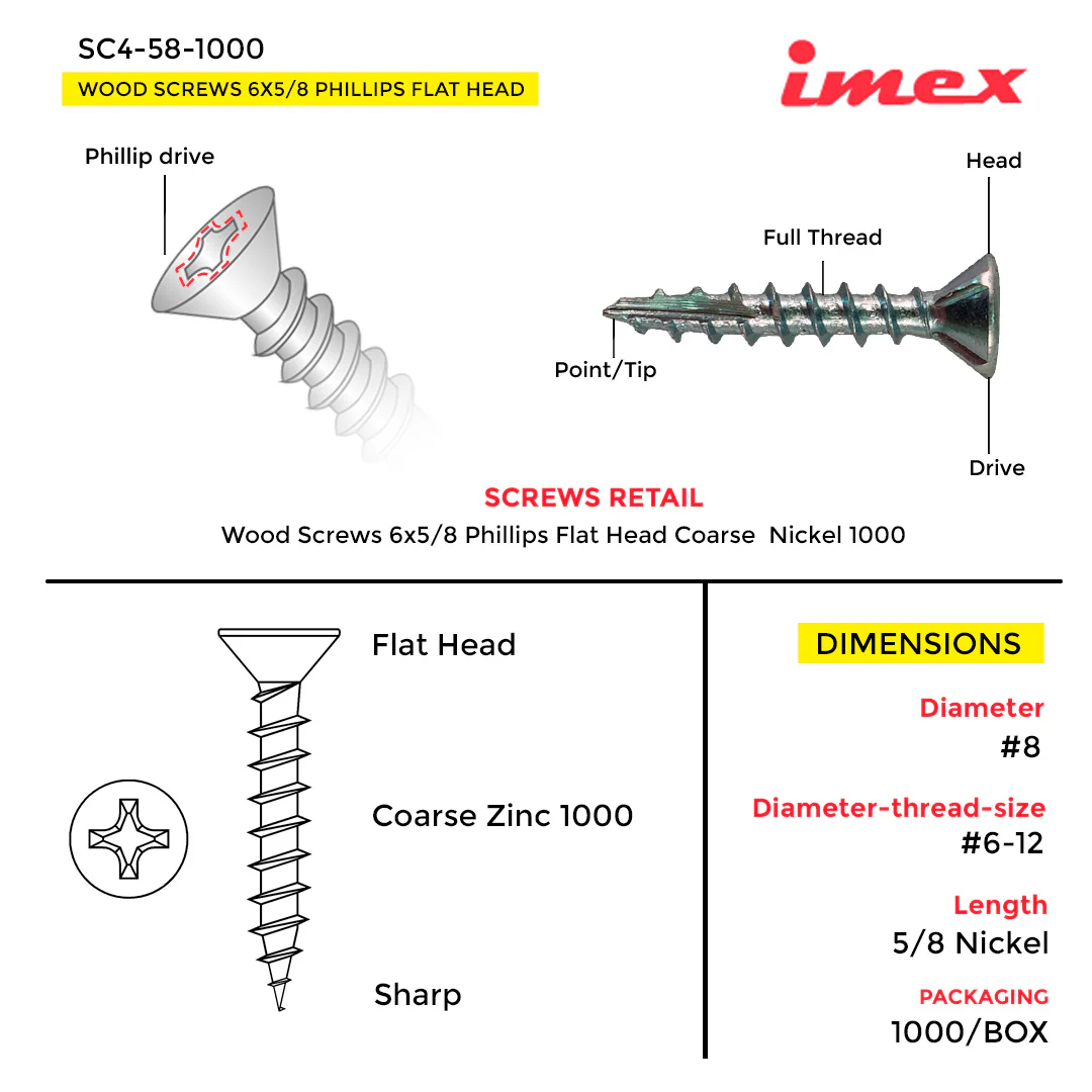 WOOD SCREWS IMEX PHILLIP FLAT HEAD #6 5/8" COARSE NICKEL 1000 BOX - Image 3