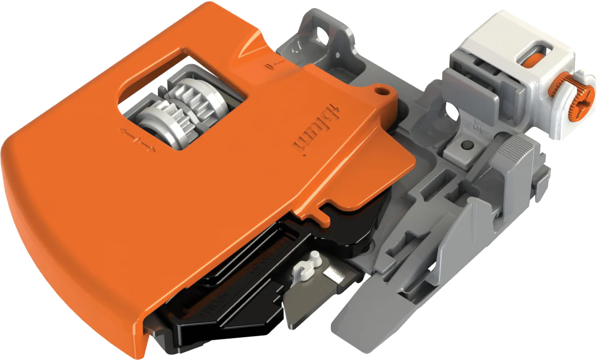 Locking device for TANDEM plus BLUMOTION 563/9 drawer runners Integrated side adjustment Depth adj. (Left) Orange - Image 2